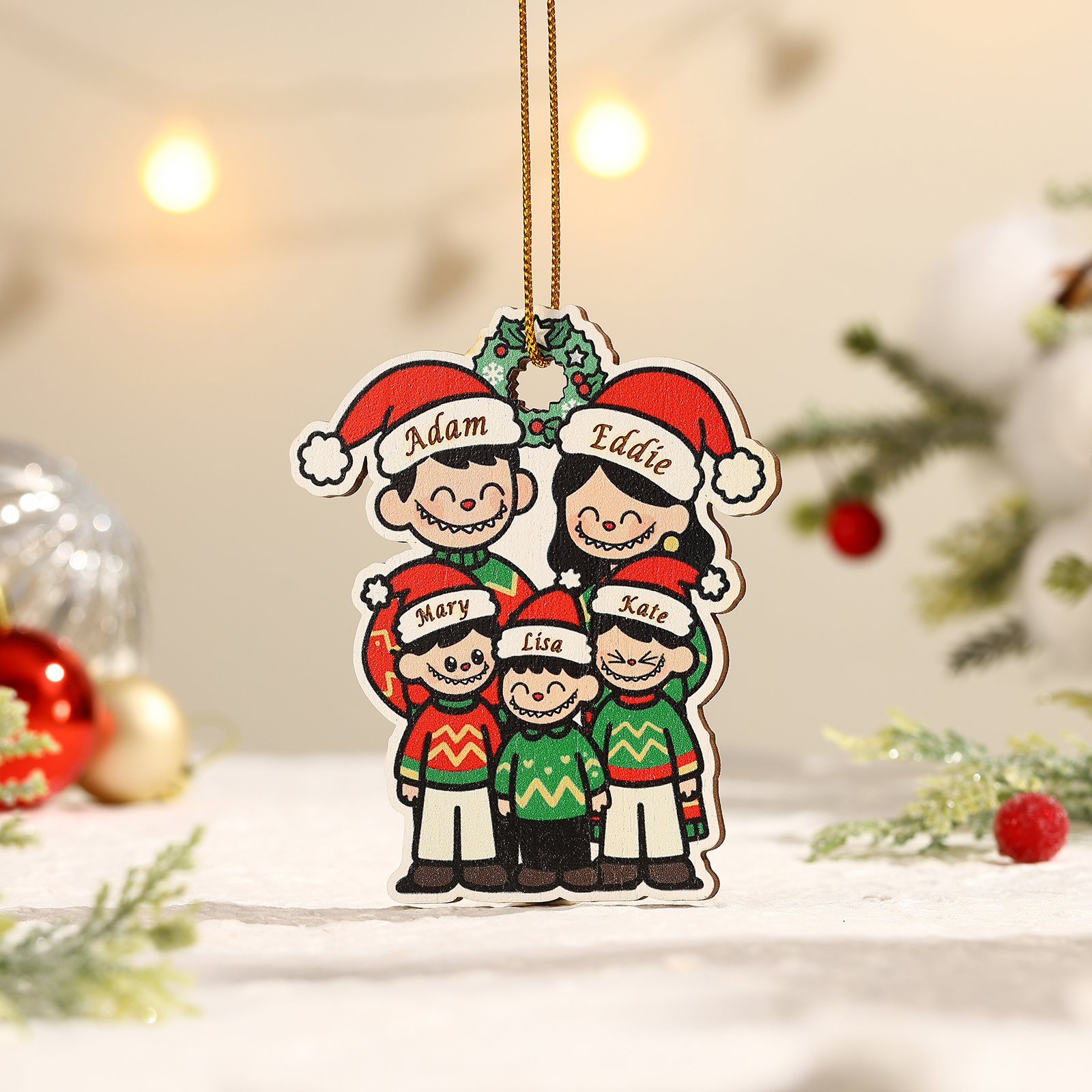 Personalised Cartoon Family Wooden Christmas Ornament