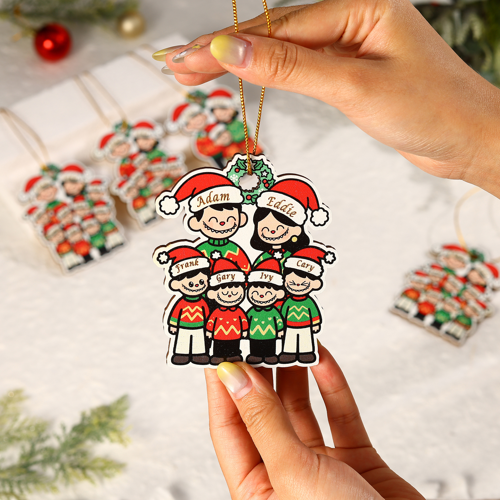 Personalised Cartoon Family Wooden Christmas Ornament