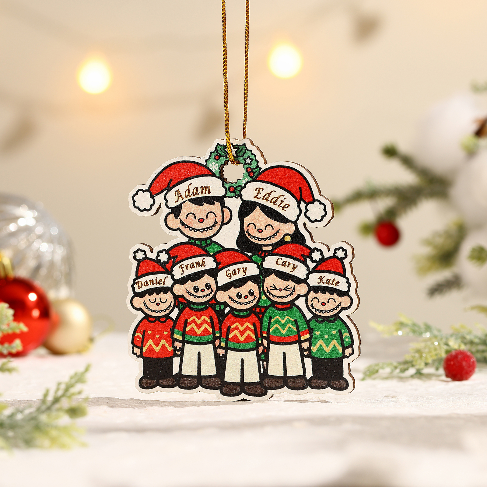 Personalised Cartoon Family Wooden Christmas Ornament