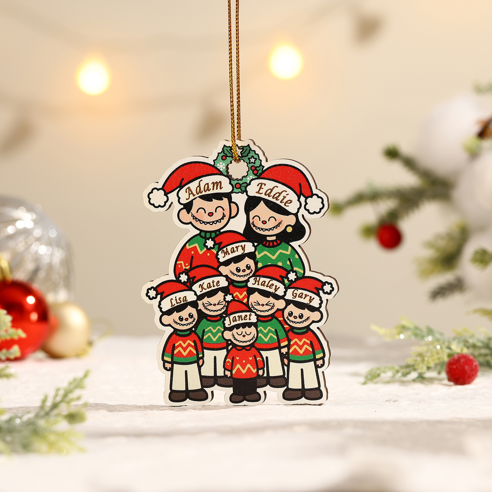 Personalised Cartoon Family Wooden Christmas Ornament