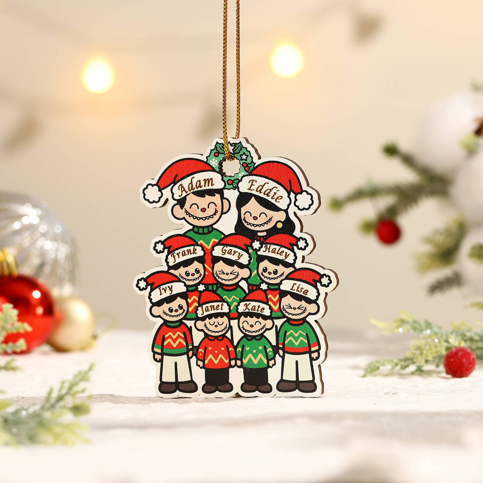 Personalised Cartoon Family Wooden Christmas Ornament