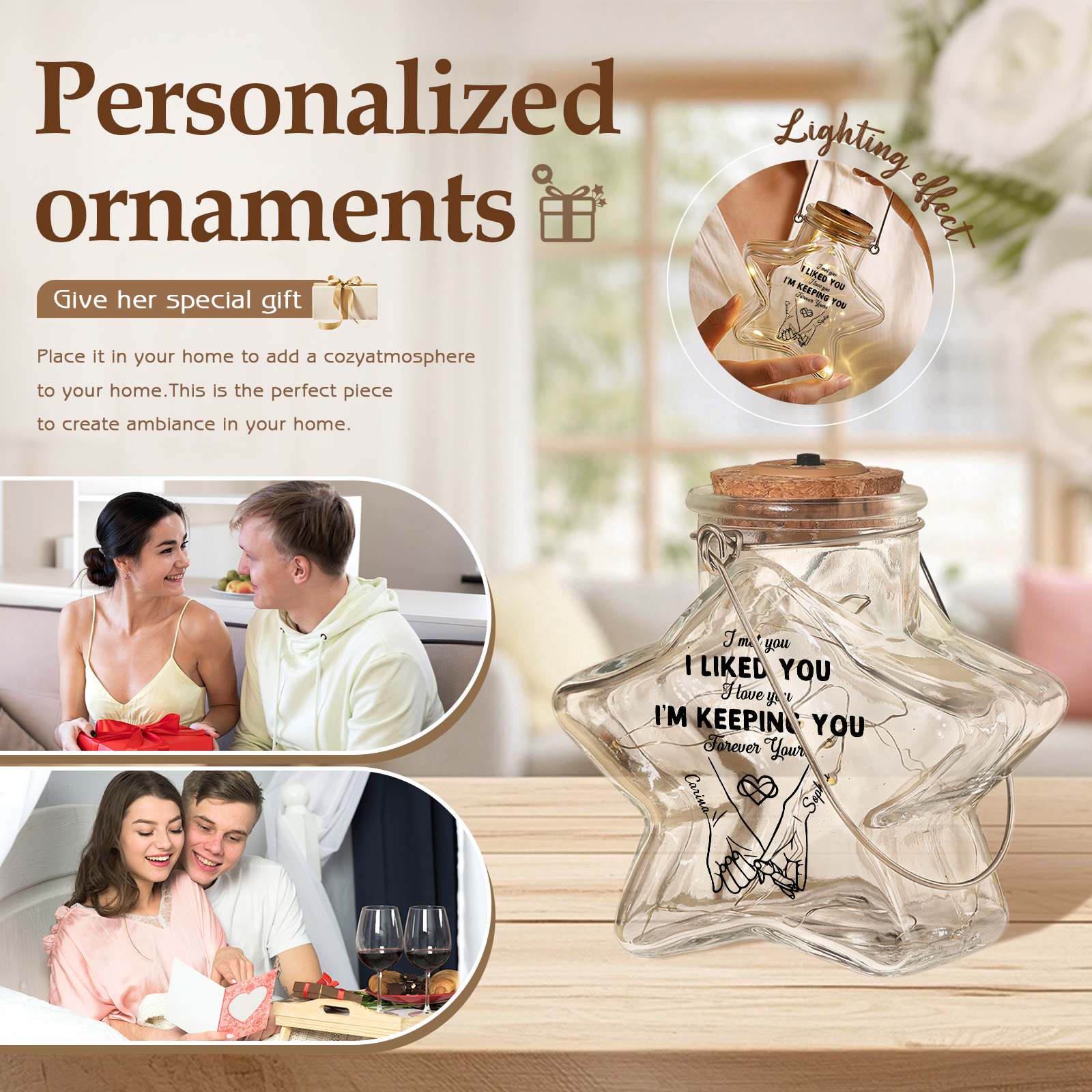 Personalised Star Lamp with Names – LED Light-Up Glass Jar, Gift for Couples