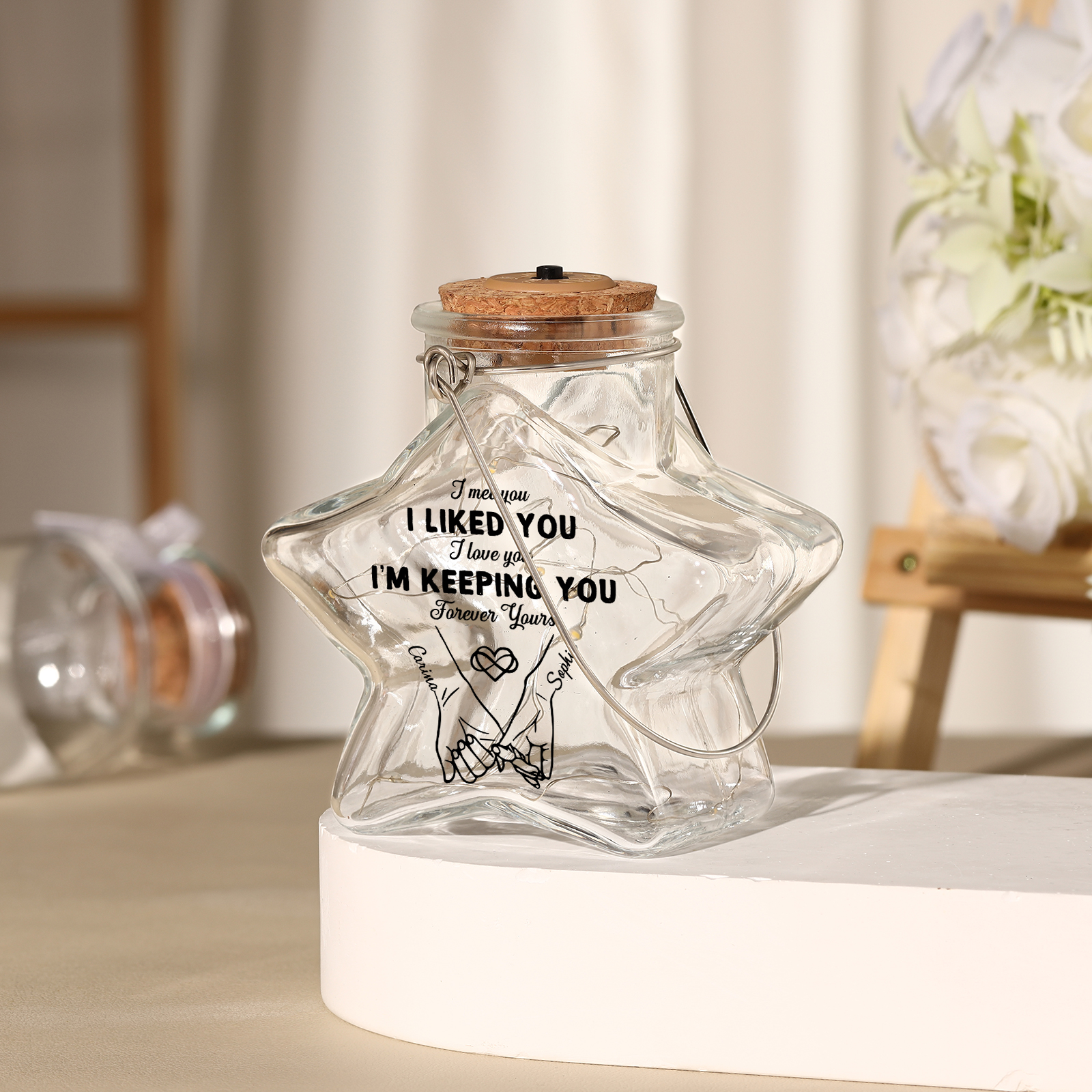 Personalised Star Lamp with Names – LED Light-Up Glass Jar, Gift for Couples