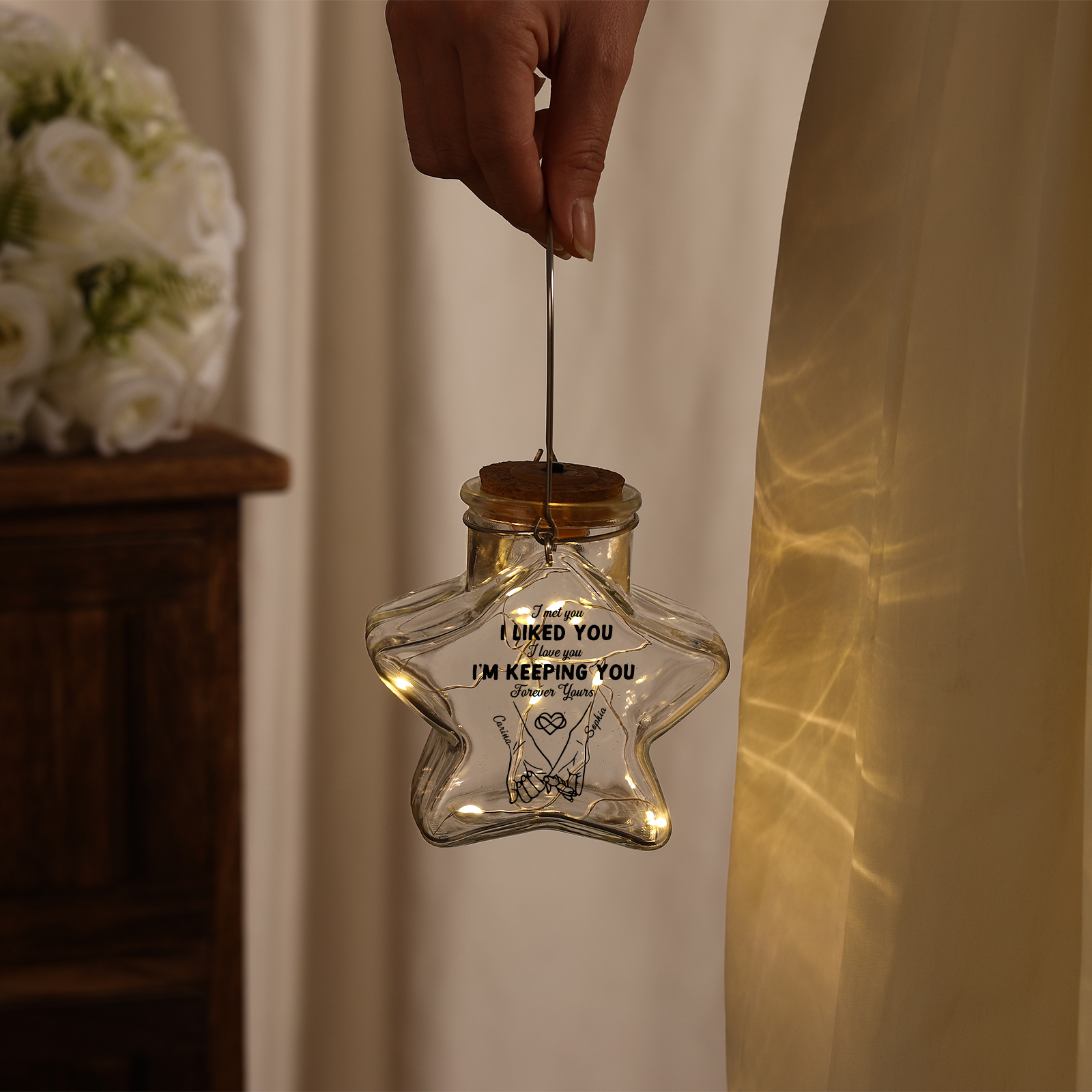 Personalised Star Lamp with Names – LED Light-Up Glass Jar, Gift for Couples