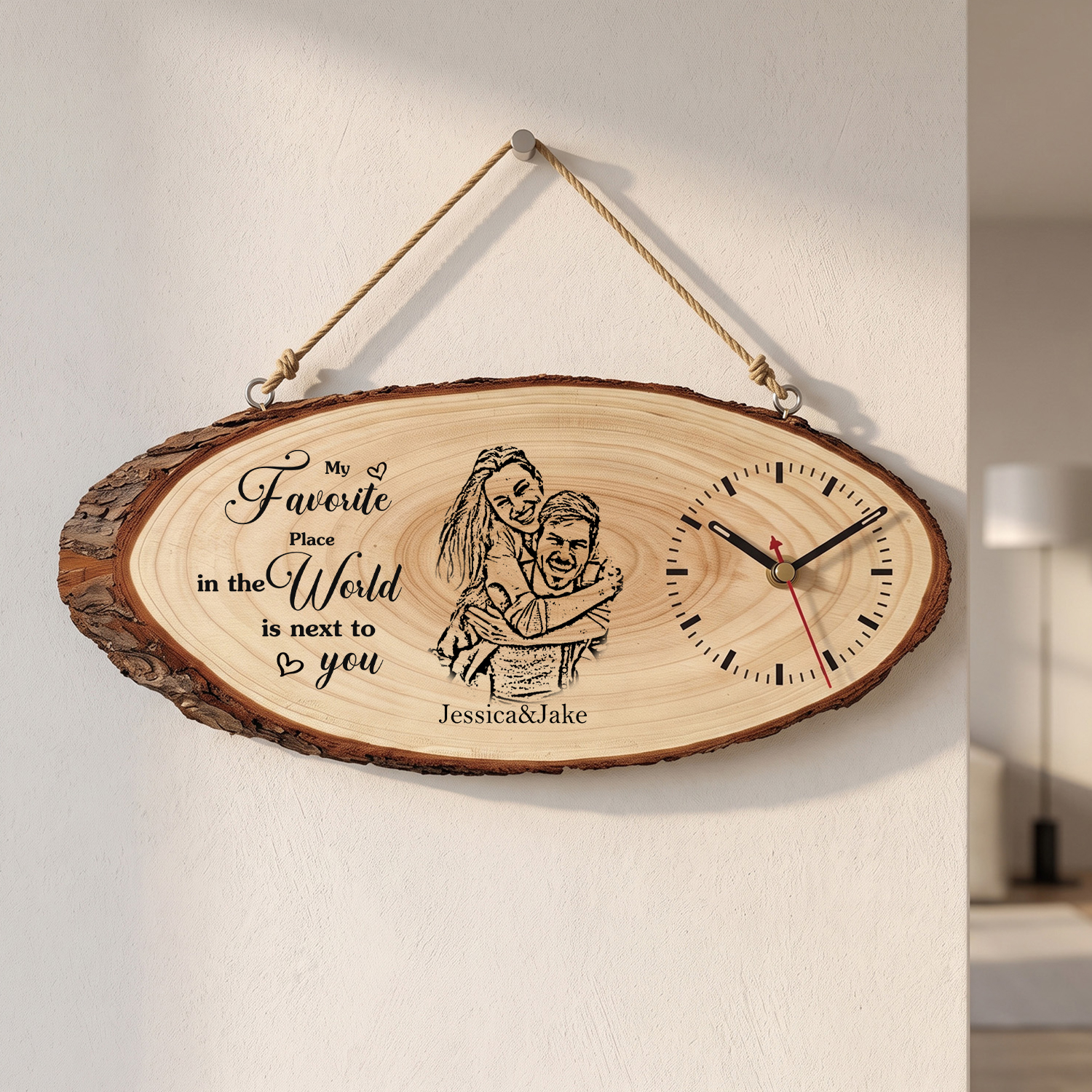 Personalised Wooden Wall Clock with Couple’s Photo, 2 Names and Custom Photo