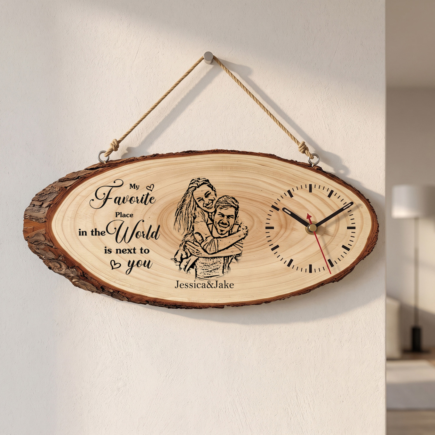 Personalised Wooden Wall Clock with Couple’s Photo, 2 Names and Custom Photo