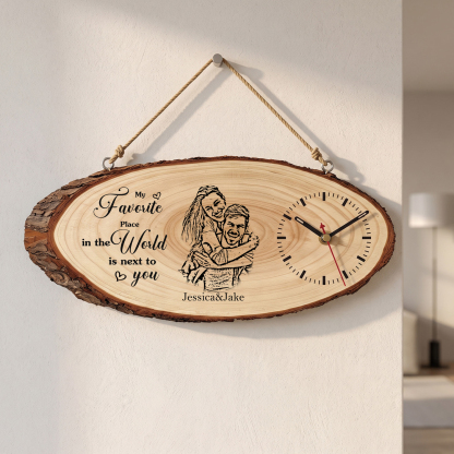 Personalised Wooden Wall Clock with Couple’s Photo, 2 Names and Custom Photo