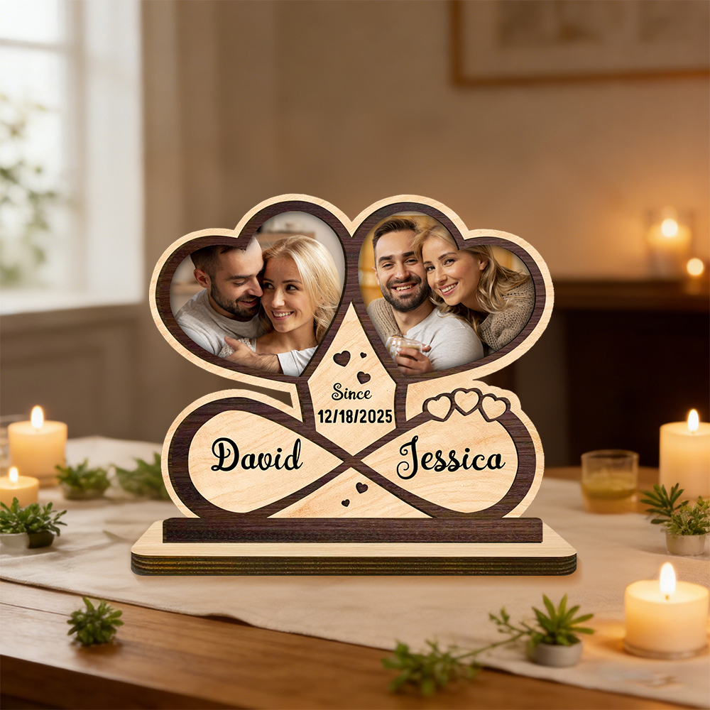 Personalised Wooden Plaque with Photos, First Names and Date – Romantic Decoration for Couples
