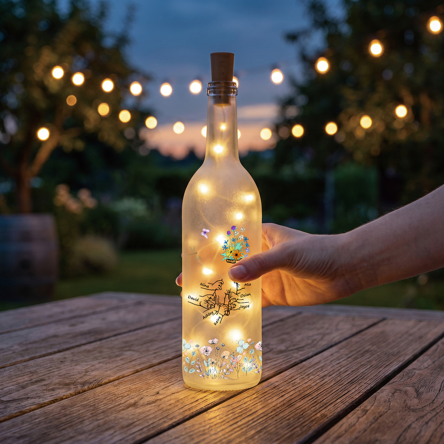 Personalized LED Bottle Light with 2-12 Custom Family Names and Floral Family Hands Design for Mum