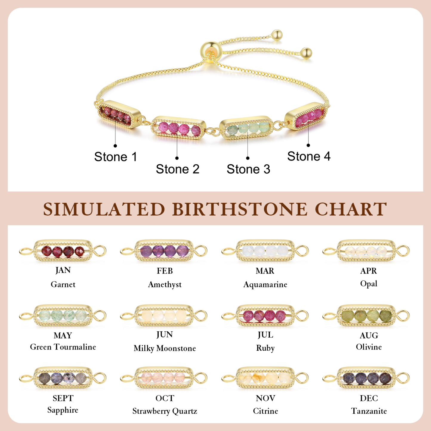 Personalised bar bracelet with birthstone, adjustable in a minimalist design