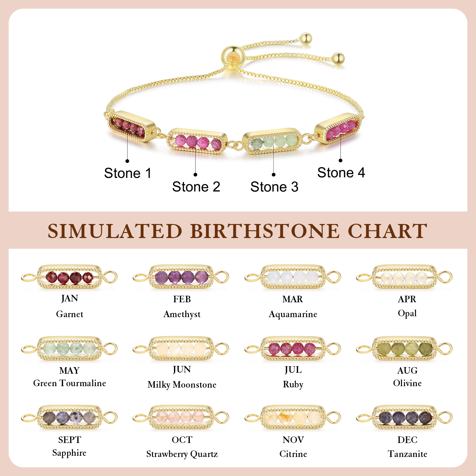 Personalised bar bracelet with birthstone, adjustable in a minimalist design