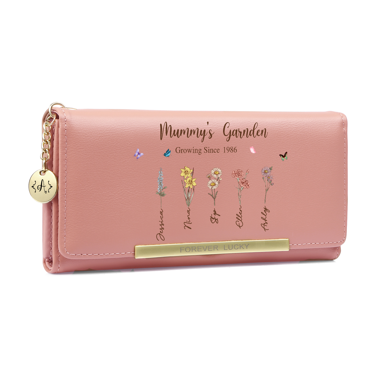 Personalised women’s leather wallet “Mum’s Garden”, designed with 1 to 8 birth flowers and names