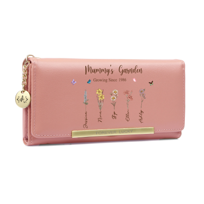 Personalised women’s leather wallet “Mum’s Garden”, designed with 1 to 8 birth flowers and names