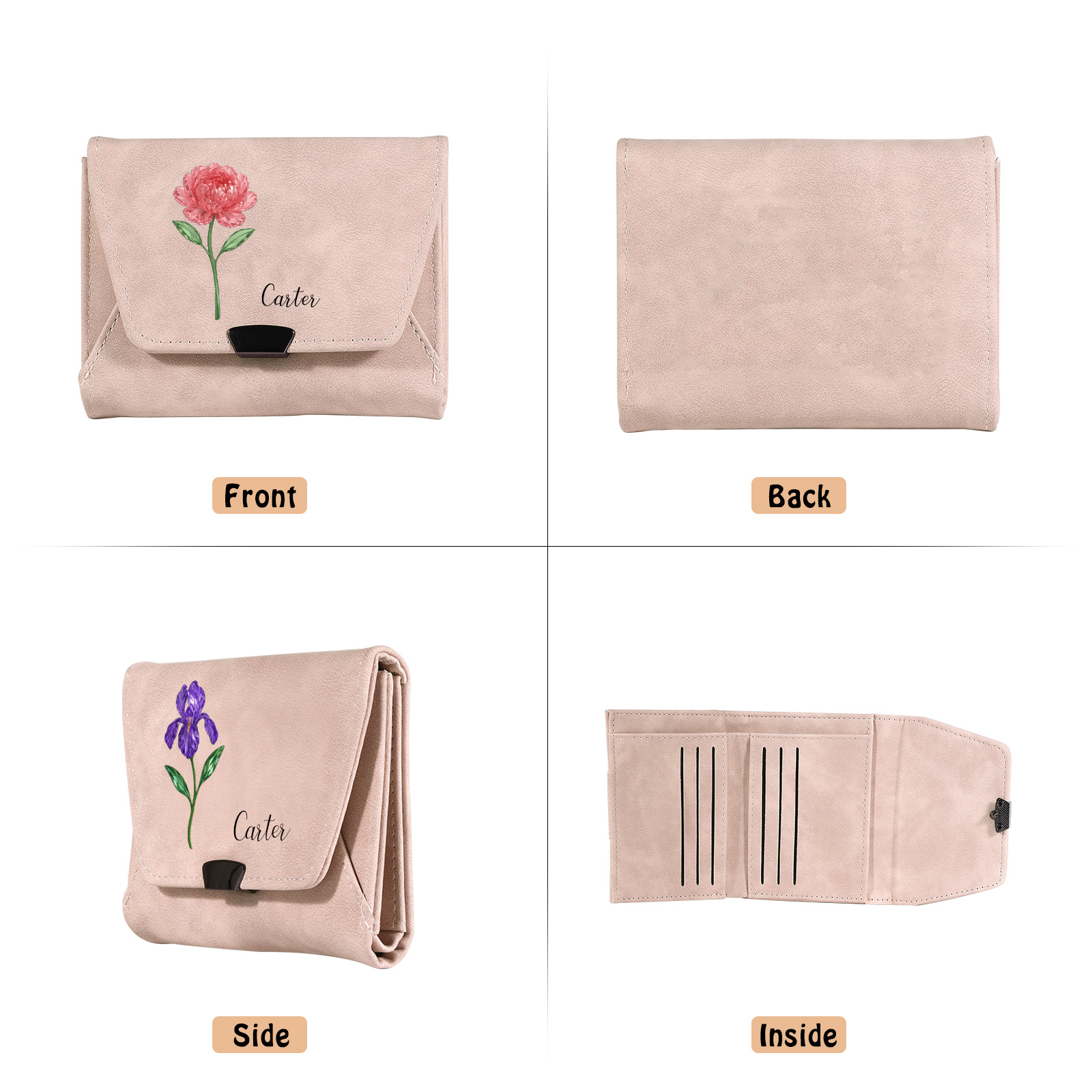 Personalised women’s leather wallet with birth flower and name