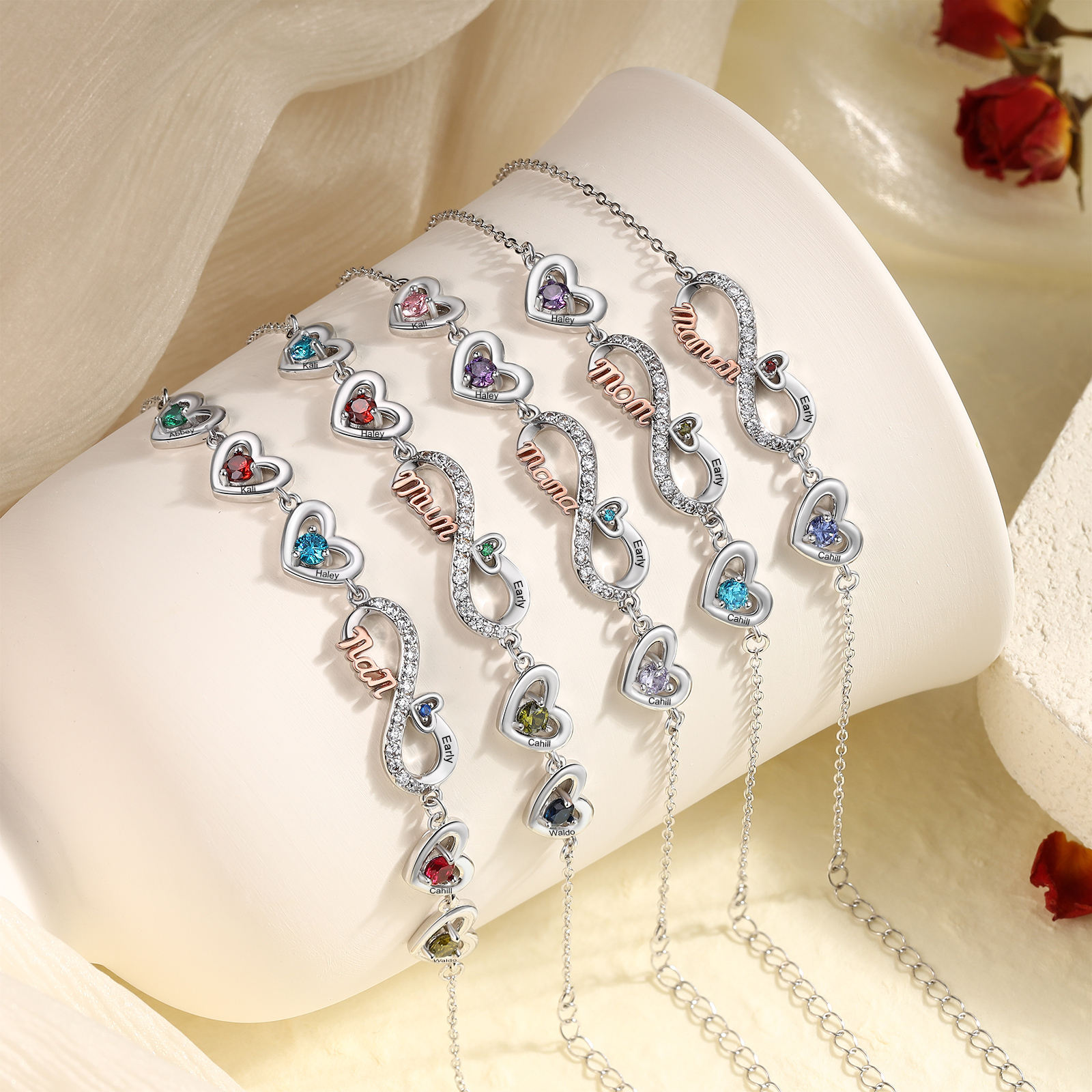 Personalised 2-6 Names Infinity Mum Heart Birthstone Bracelet