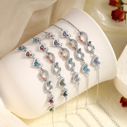 Personalised 2-6 Names Infinity Mum Heart Birthstone Bracelet