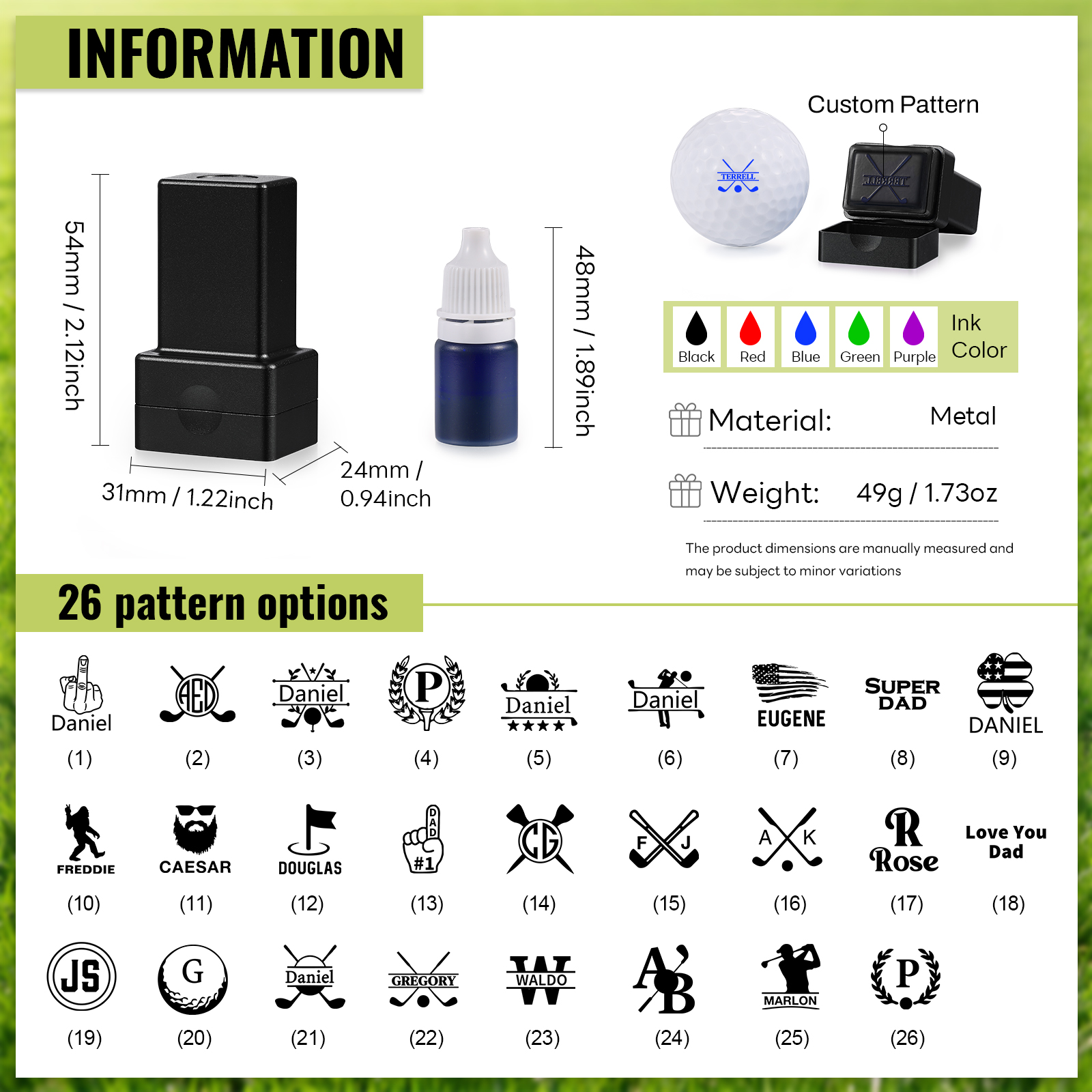 Personalised Golf Ball Stamp – Flip‑Top Rectangular Case (6 Colours)