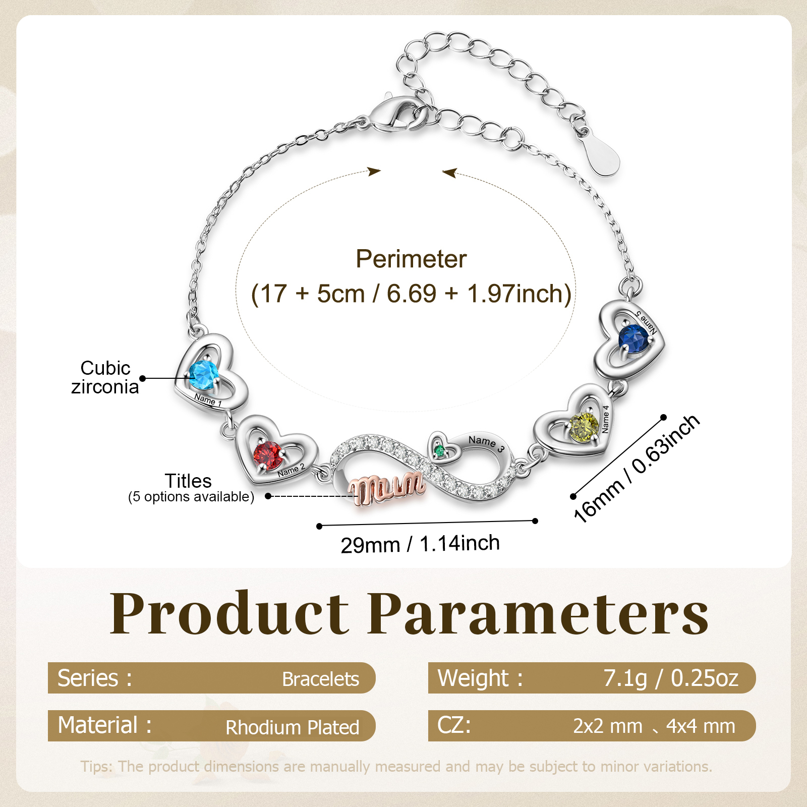 Personalised 2-6 Names Infinity Mum Heart Birthstone Bracelet