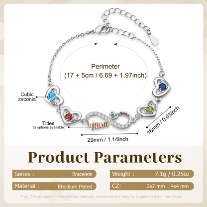 Personalised 2-6 Names Infinity Mum Heart Birthstone Bracelet