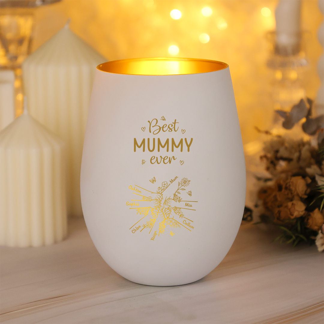 Personalized Glass Candle Holder “Best Mum/Grandma Ever,” Hand-Holding Figures with 2–7 Children, with Grandchildren’s Names – Mother’s Day and Birthday Gift for Grandma/Mom | Jessemade