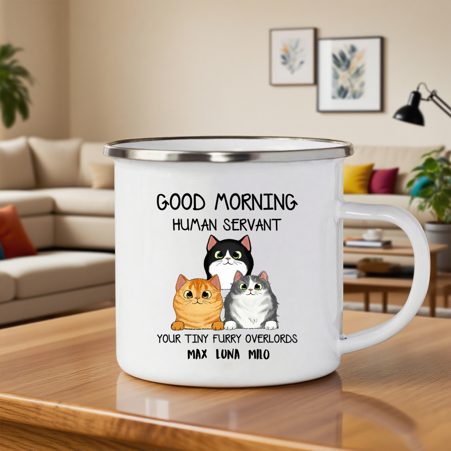 Customisable enamelled mug – funny cats ‘Servant’