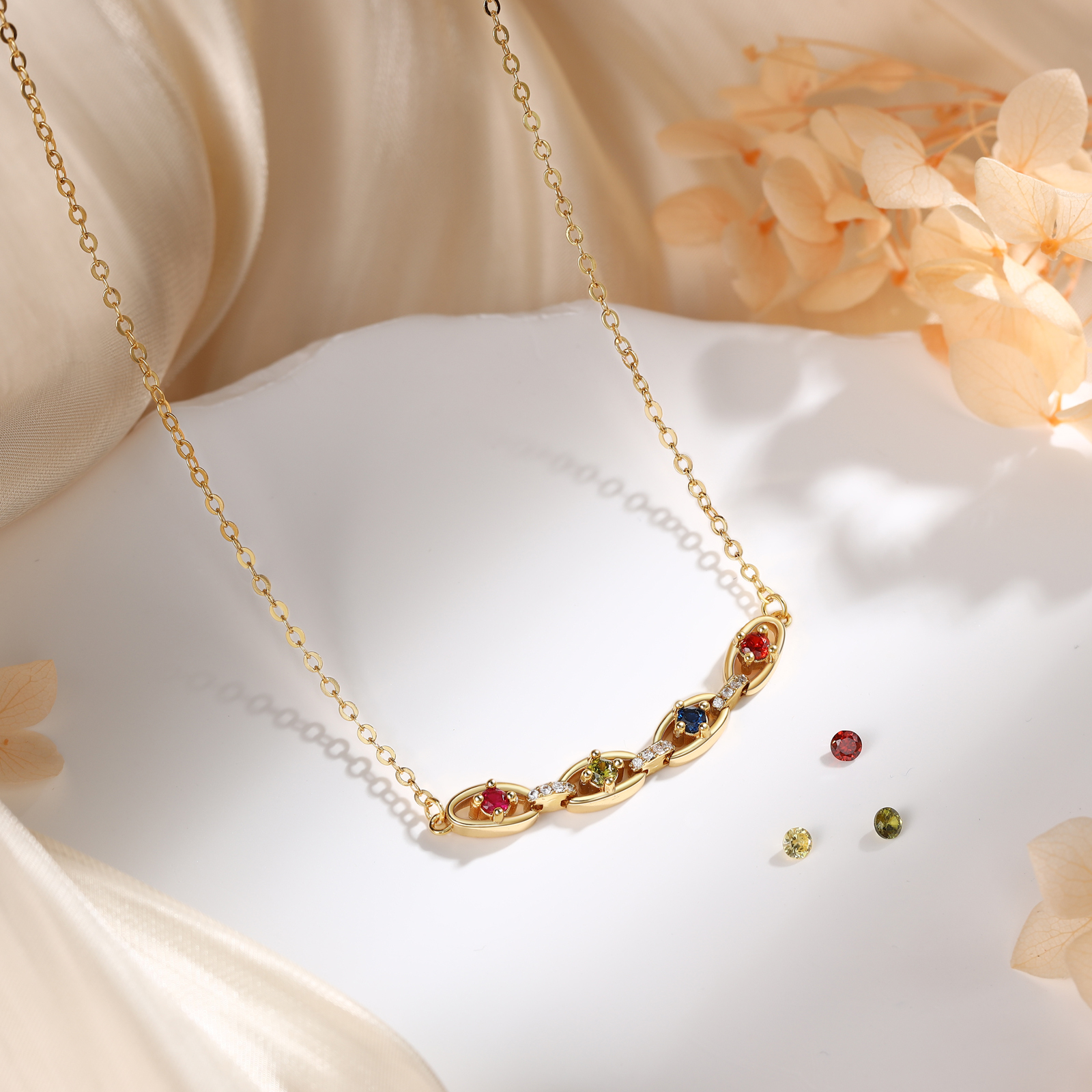 Personalised 2-5 Birthstones Gold Chain Necklace for Women