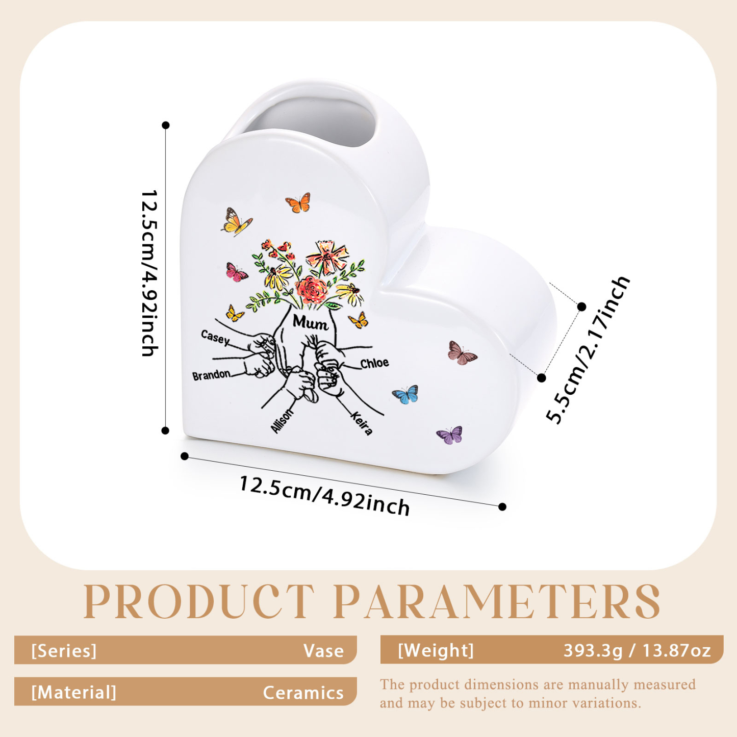 Personalised Ceramic Heart Vase (2–8 Names), “Hand in Hand” Motif, Gift for Mum or Grandma