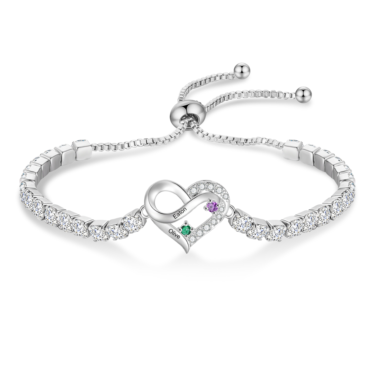 Personalised 2-4 Names Infinity Heart Birthstone Tennis Bracelet