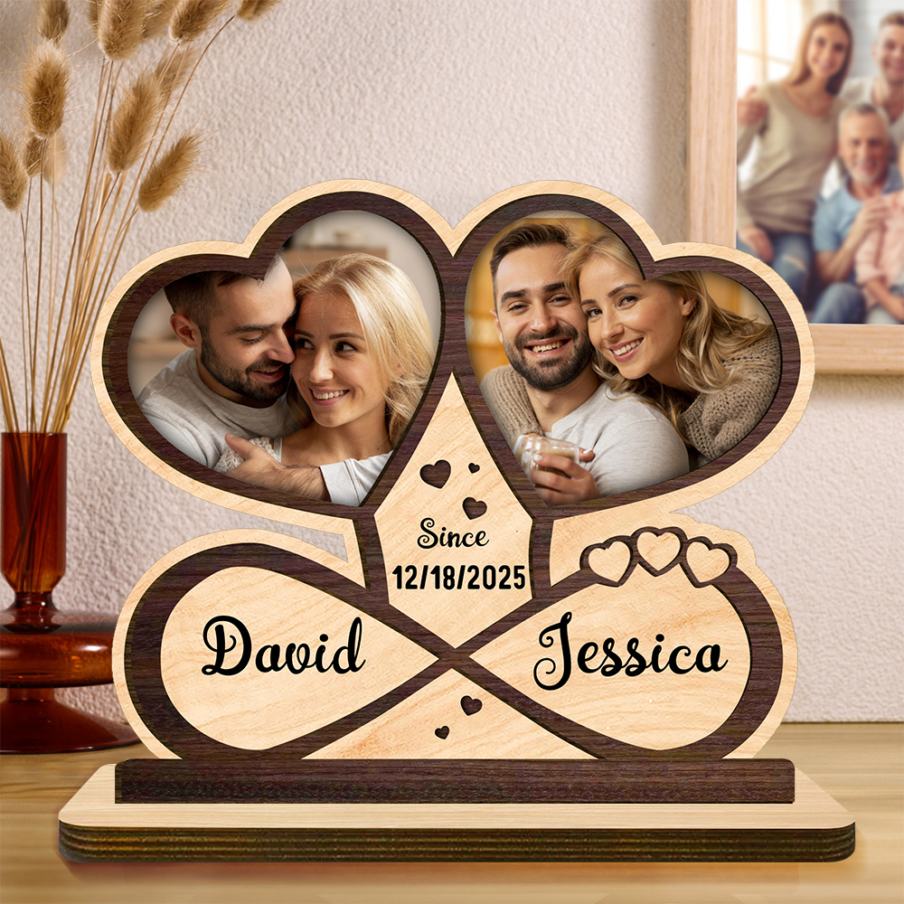 Personalised Wooden Plaque with Photos, First Names and Date – Romantic Decoration for Couples