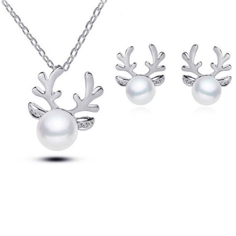Reindeer Pearl Necklace and Earrings Set Perfect Christmas Gift