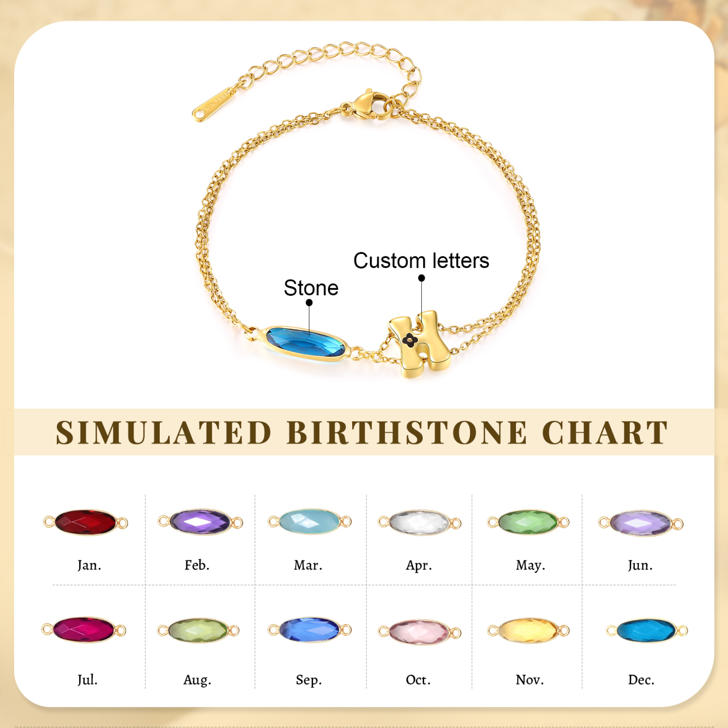 Personalised Gold Initial Bracelet with Birthstone