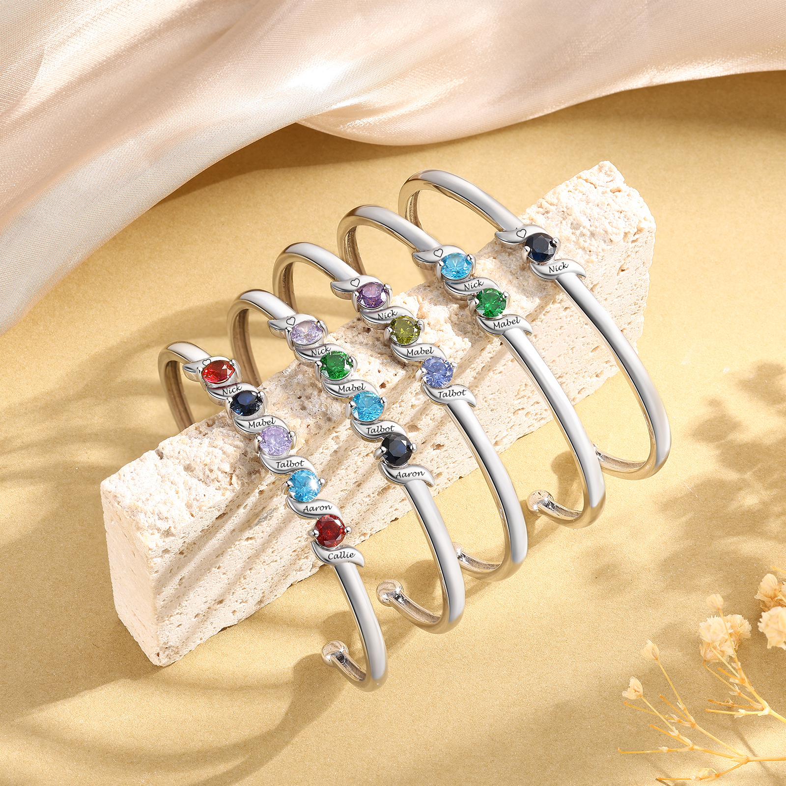 Personalised Women’s Birthstone Bangle Family Bracelet Customised with 1–5 Names and Stones