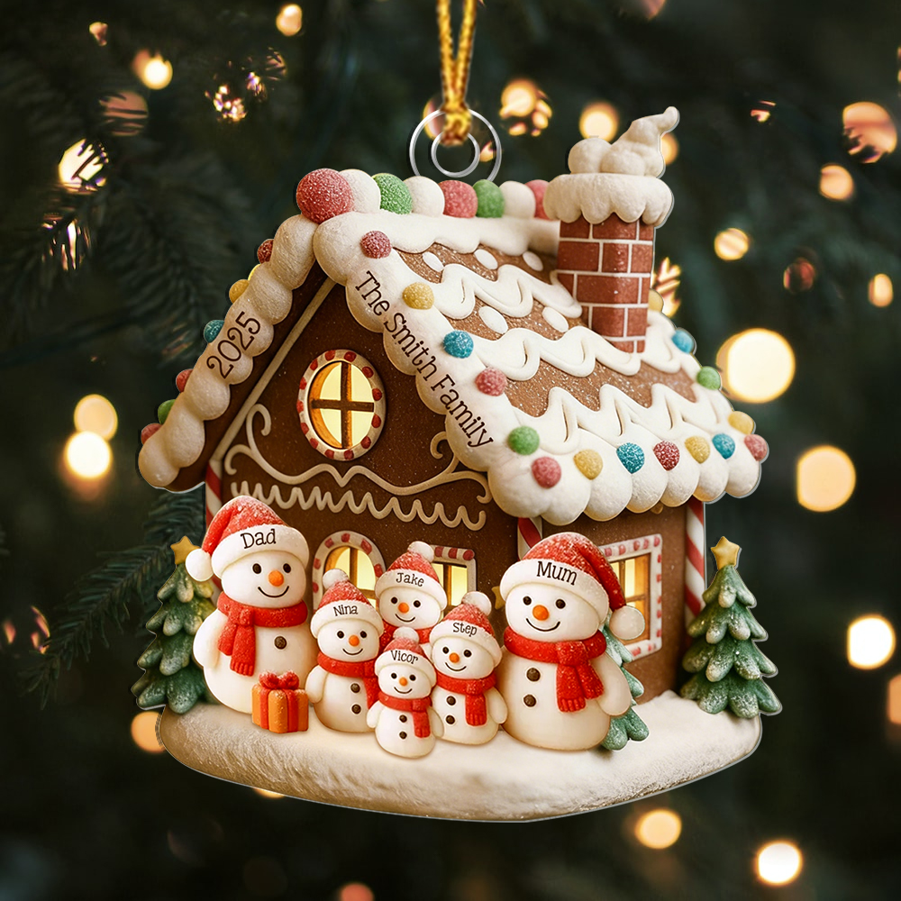 Personalised family Christmas tree decoration, gingerbread house and snowman, with 1 to 6 names