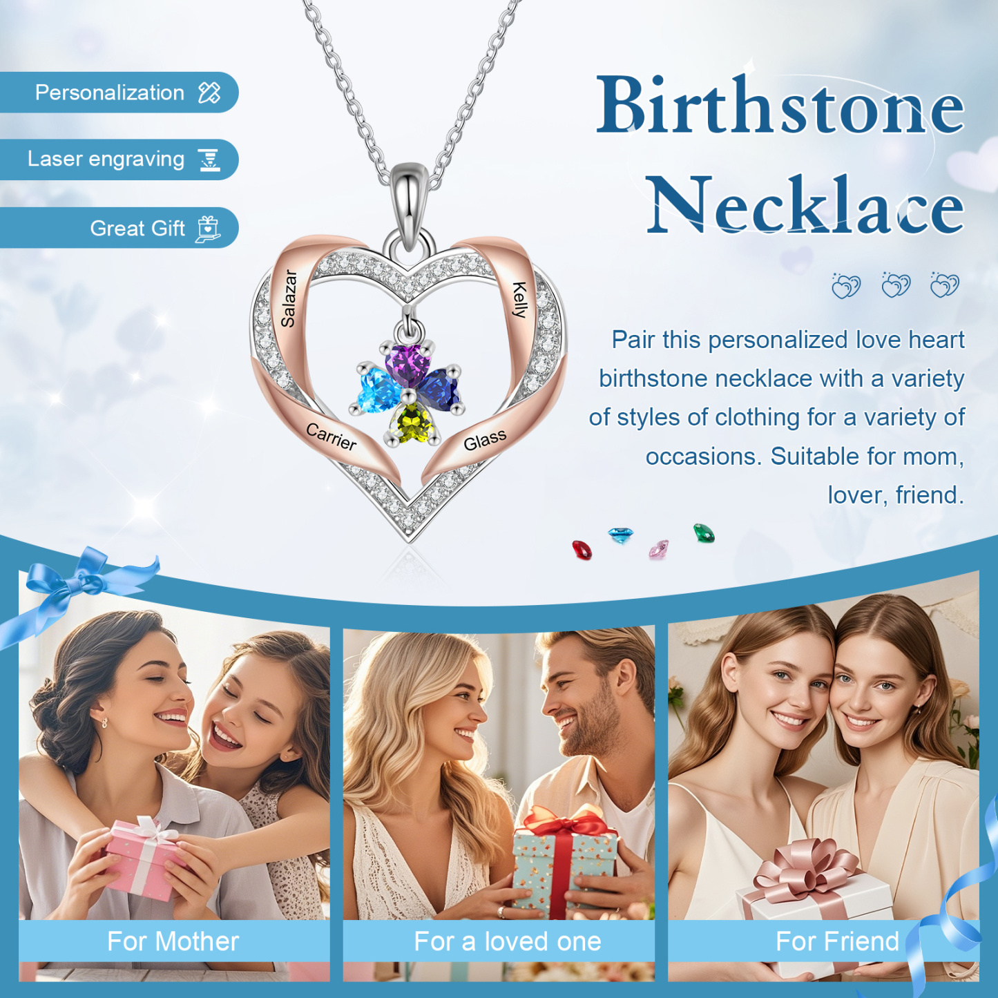 Personalised Two-Tone Birthstone Heart Necklace