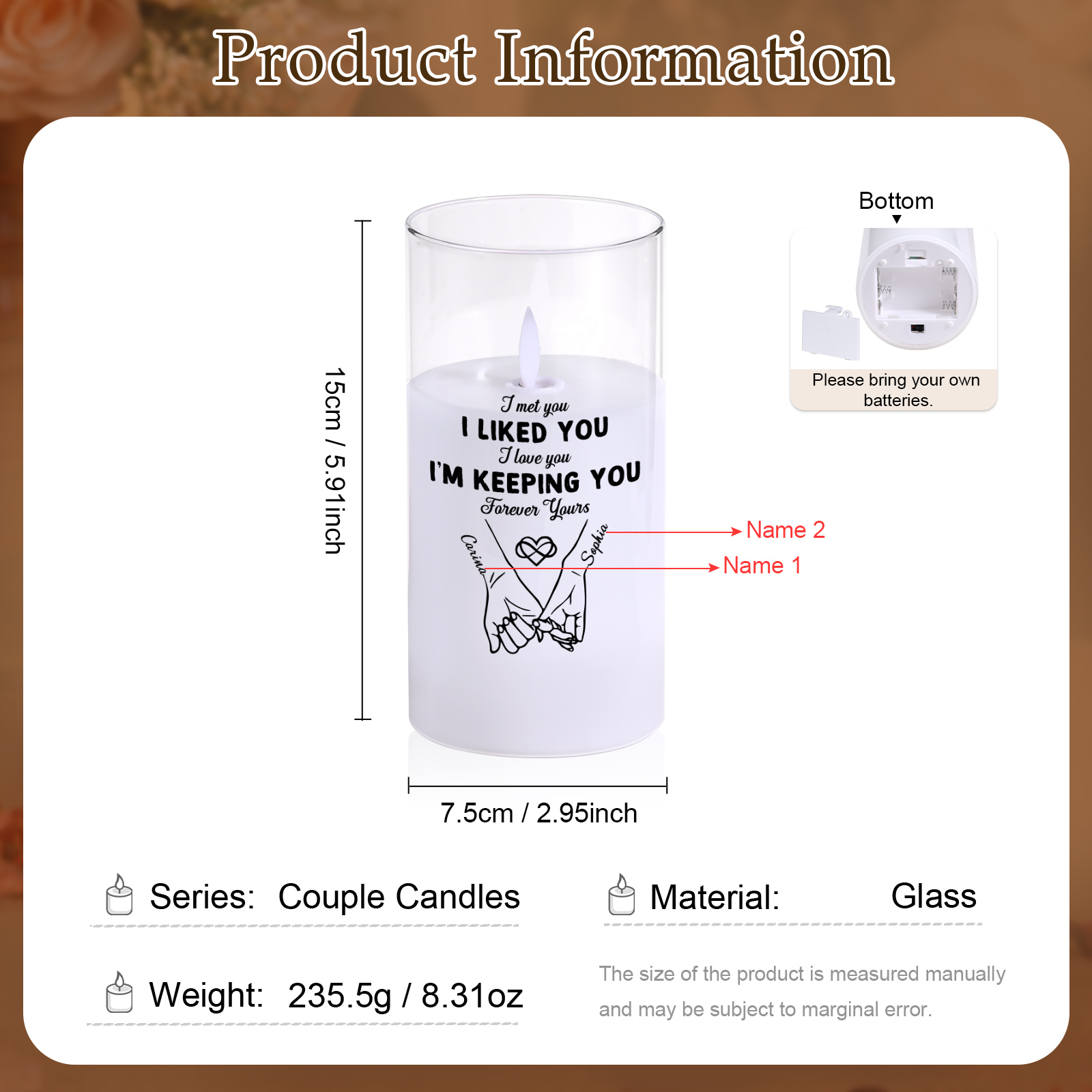 Personalised LED Candle with Names on the Glass – Romantic Gift for a Couple