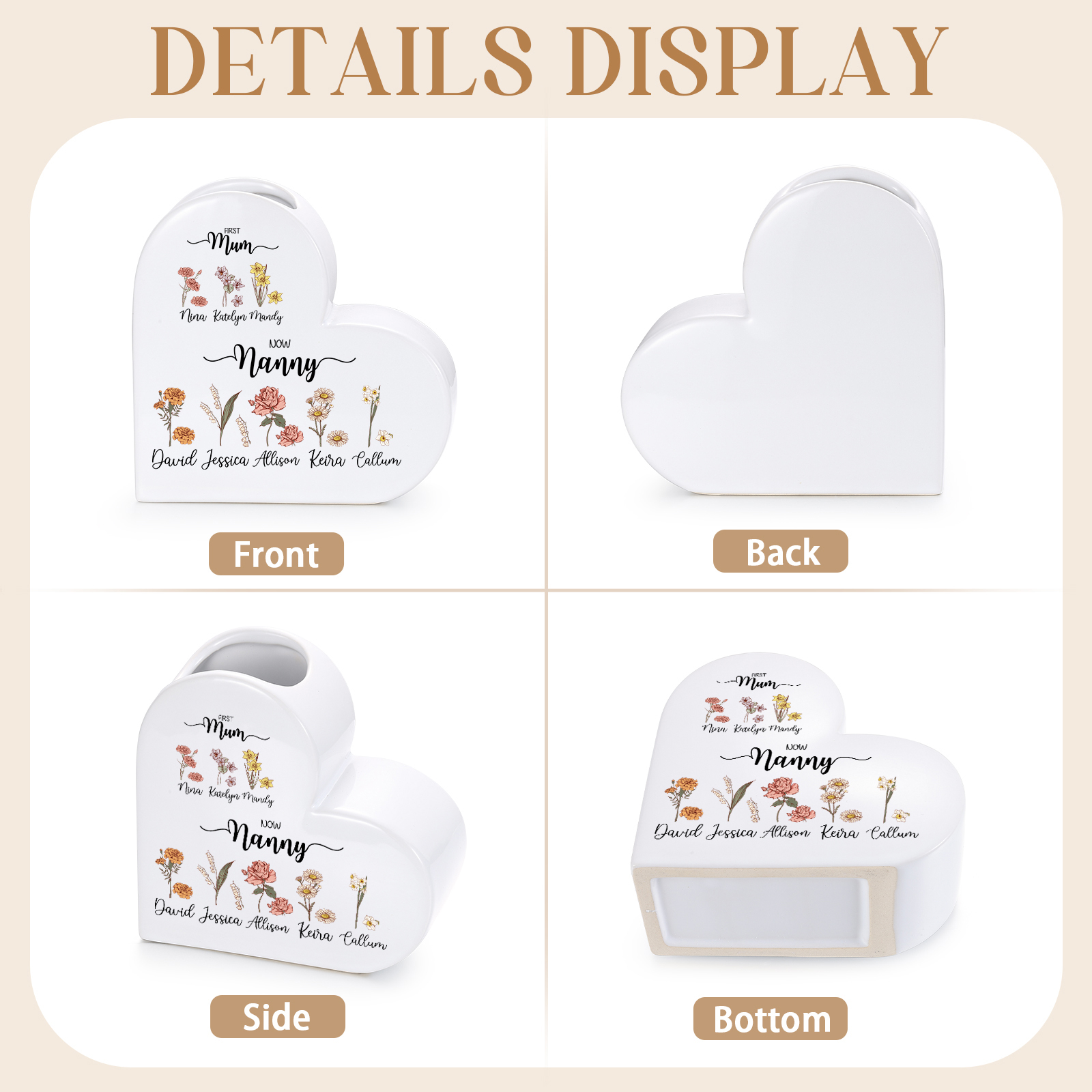 Personalised Ceramic Heart Vase with 2 to 10 Names and Birth Flowers, Mother’s Day gift for Grandma and Mum