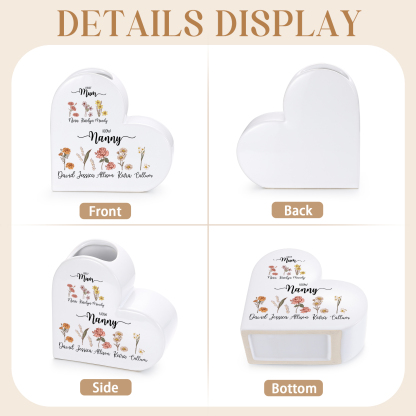 Personalised Ceramic Heart Vase with 2 to 10 Names and Birth Flowers, Mother’s Day gift for Grandma and Mum