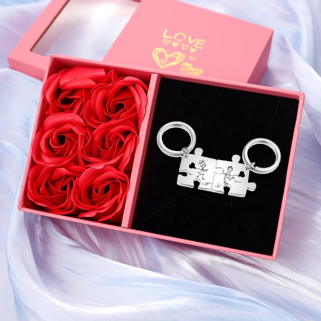 Personalised Puzzle Couple Keyring Set Customised 2 Letters Keyring Line Art Matching Couple Gifts