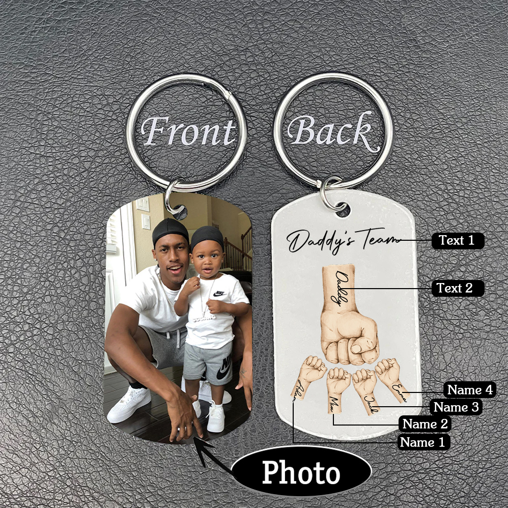 2 Texts, 4 Names & 1 Photo Personalised Keyring – “Daddy’s Team” Design | Jessemade
