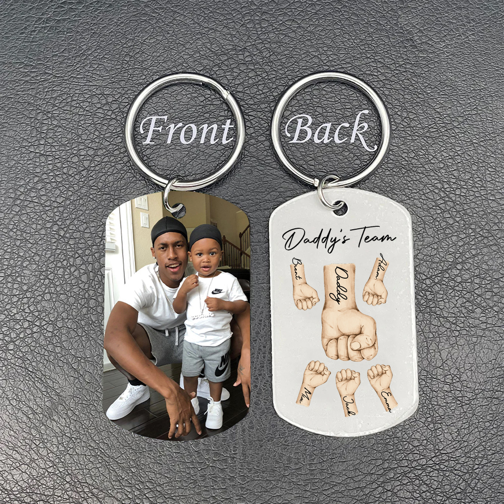 2 Texts, 5 Names & 1 Photo Personalised Keyring – “Daddy’s Team” Design | Jessemade