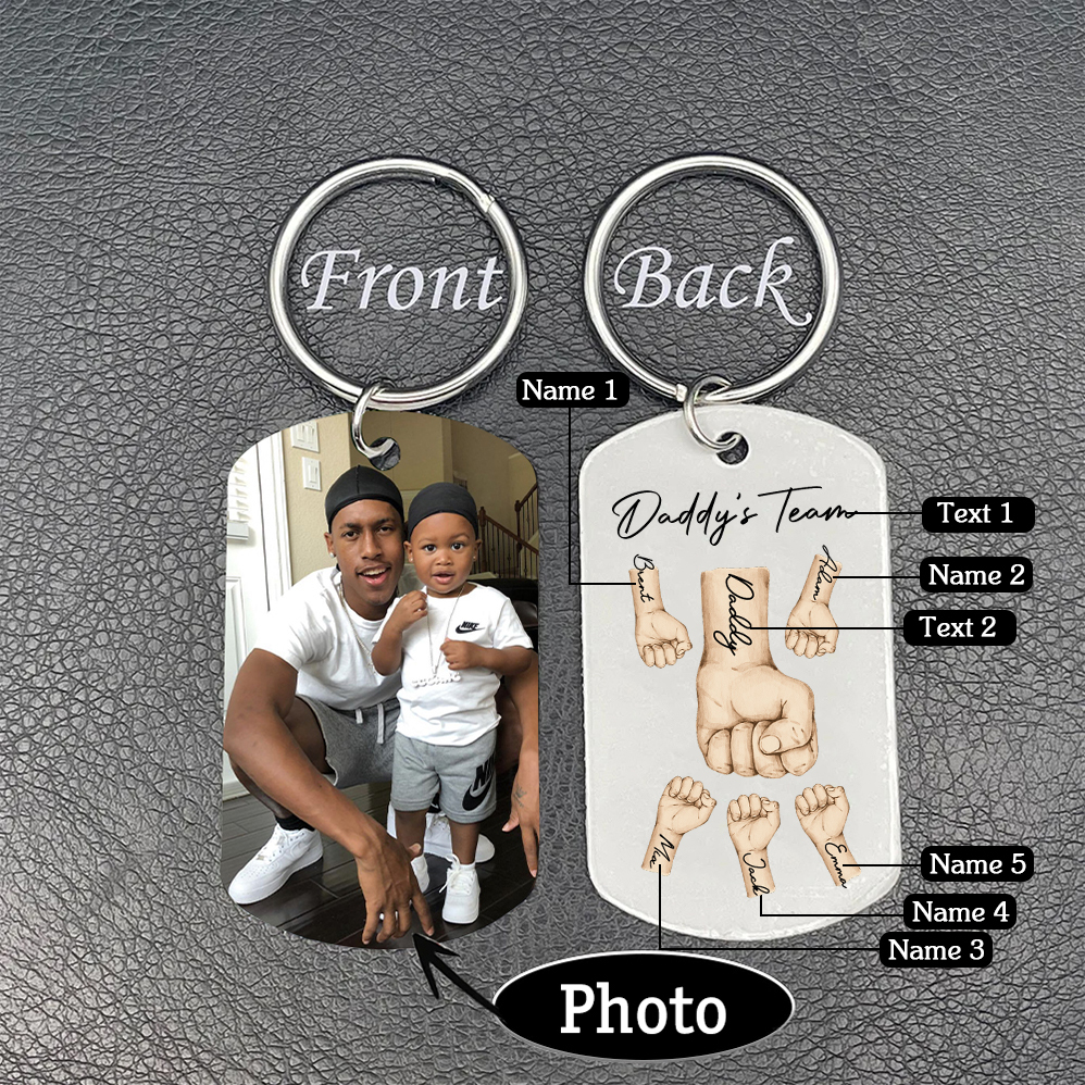 2 Texts, 5 Names & 1 Photo Personalised Keyring – “Daddy’s Team” Design | Jessemade