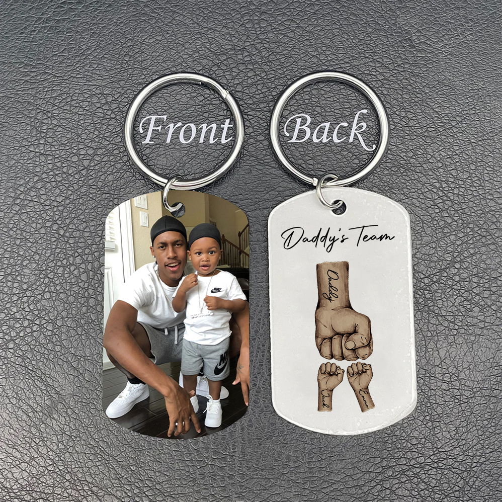 2 Texts, 2 Names & 1 Photo Personalised Keyring – “Daddy’s Team” Design | Jessemade