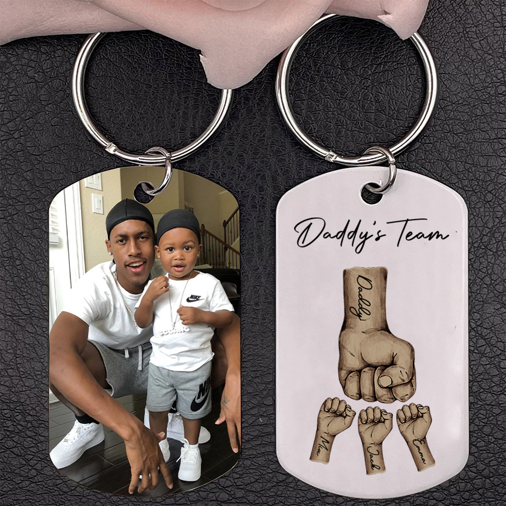 2 Texts, 3 Names & 1 Photo Personalised Keyring – “Daddy’s Team” Design | Jessemade