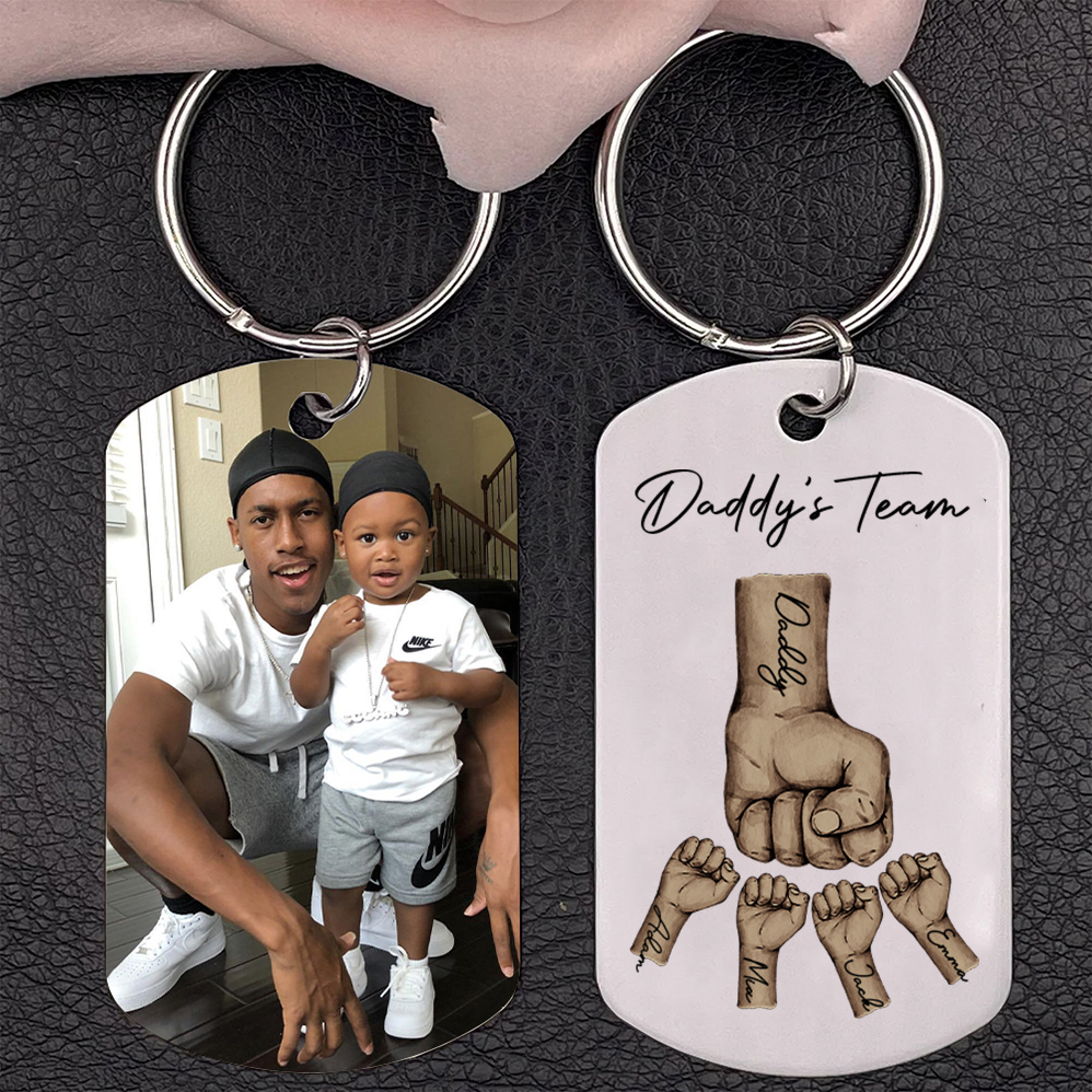 2 Texts, 4 Names & 1 Photo Personalised Keyring – “Daddy’s Team” Design | Jessemade