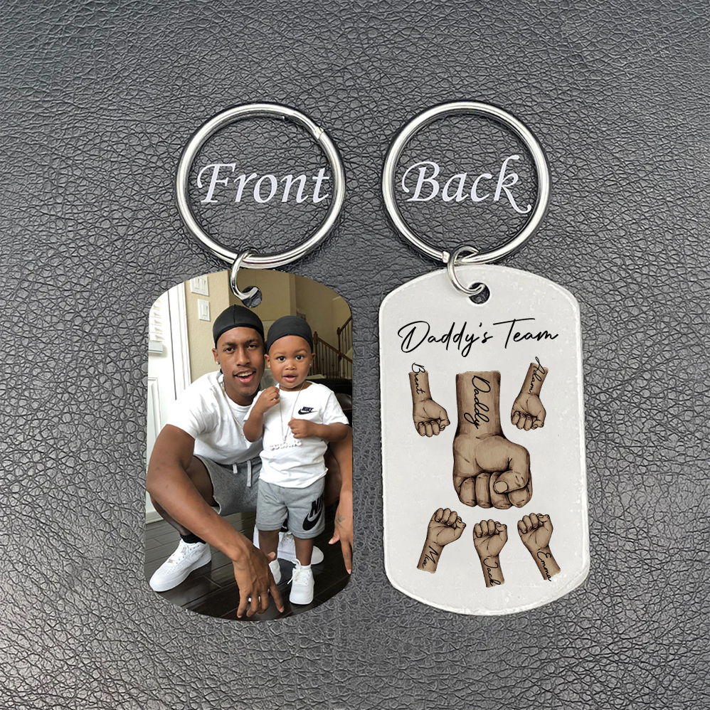 2 Texts, 5 Names & 1 Photo Personalised Keyring – “Daddy’s Team” Design | Jessemade