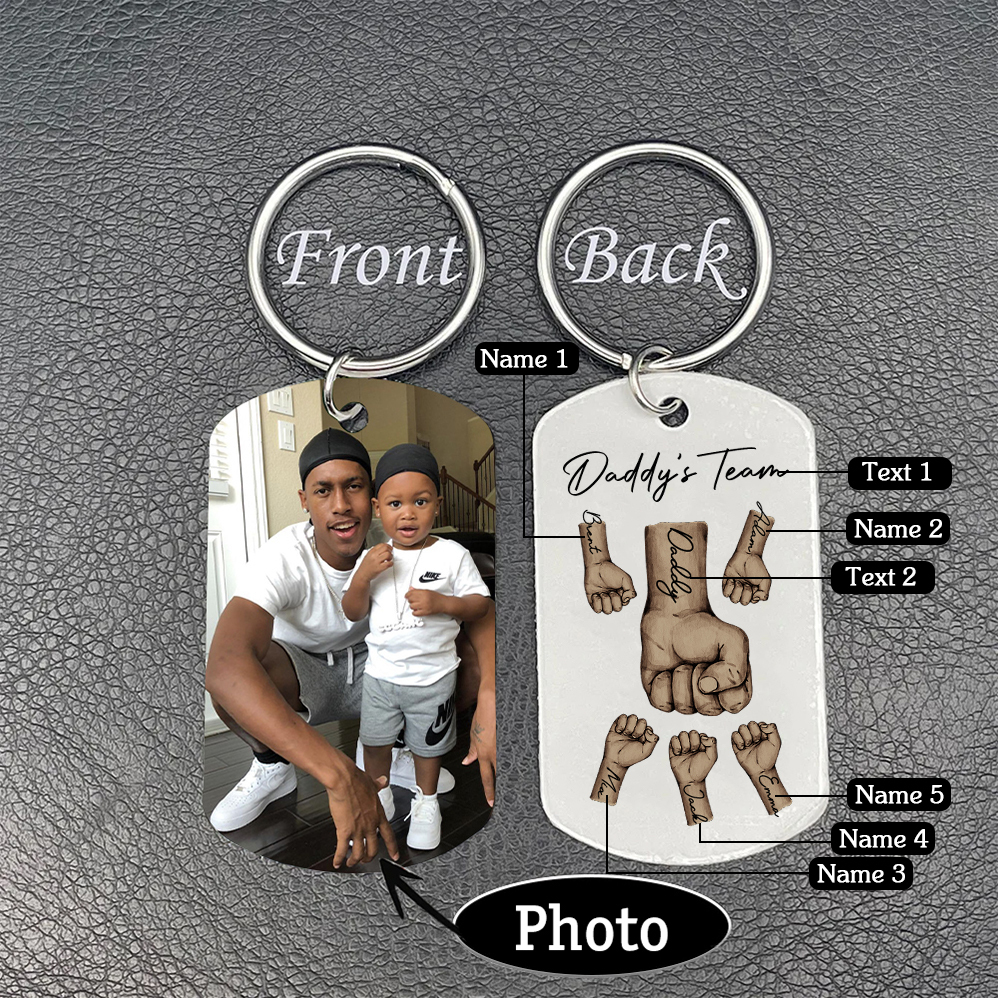 2 Texts, 5 Names & 1 Photo Personalised Keyring – “Daddy’s Team” Design | Jessemade