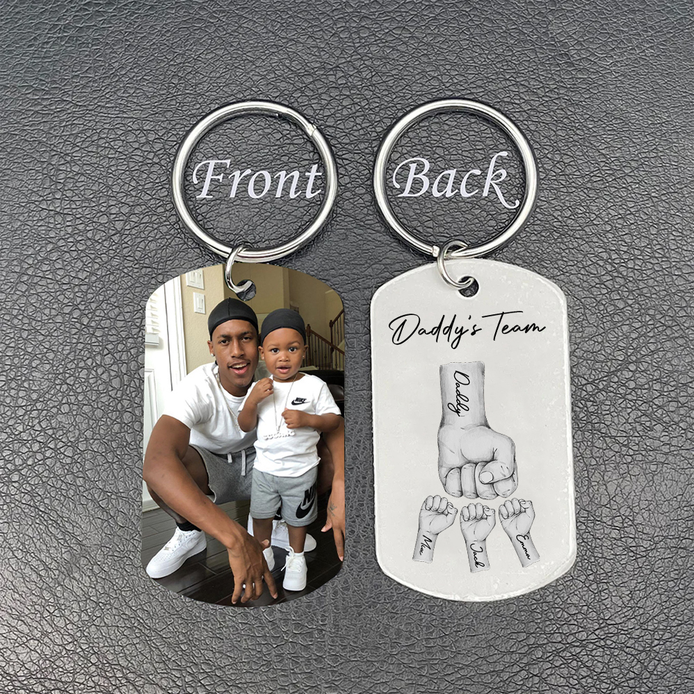 2 Texts, 3 Names & 1 Photo Personalised Keyring – “Daddy’s Team” Design | Jessemade