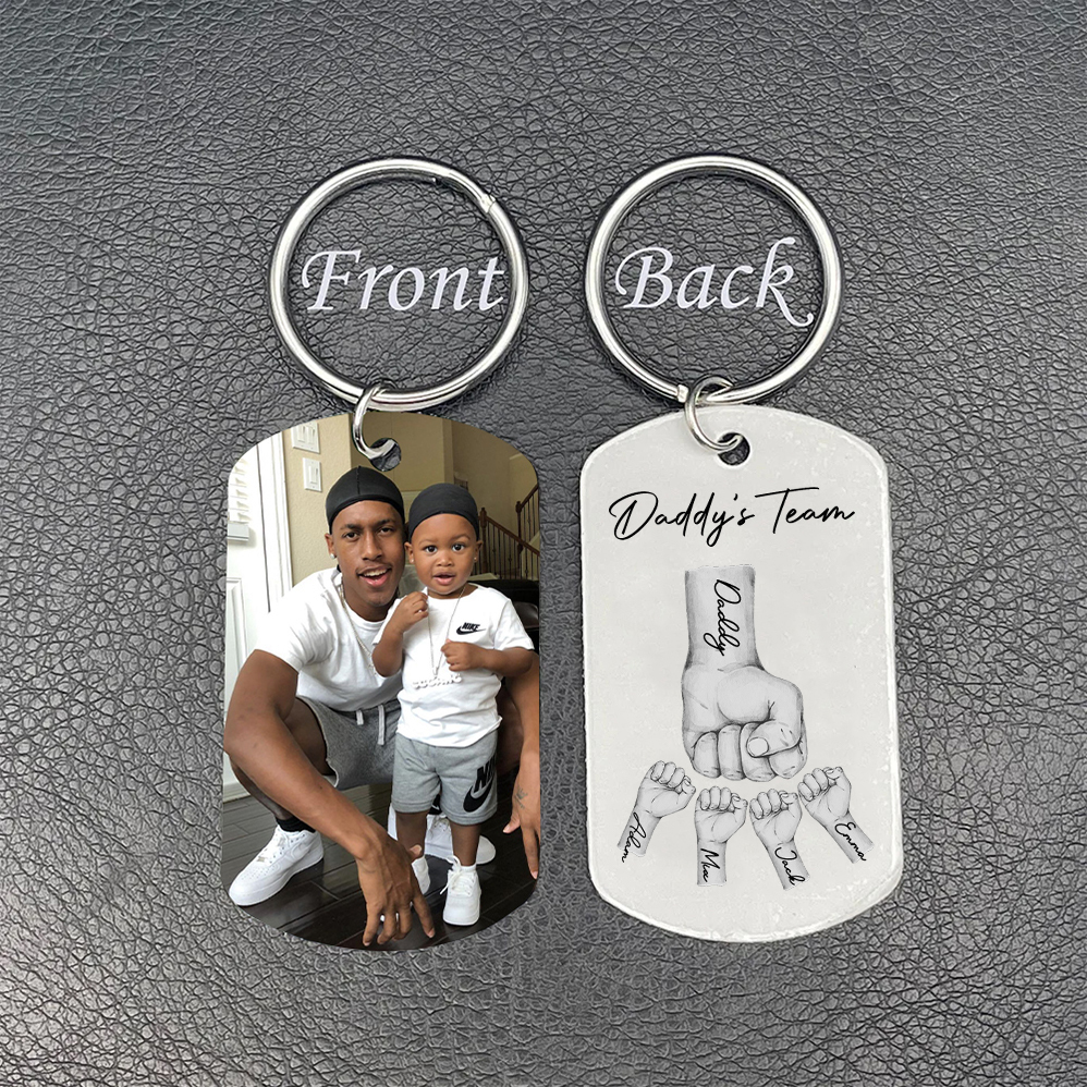 2 Texts, 4 Names & 1 Photo Personalised Keyring – “Daddy’s Team” Design | Jessemade