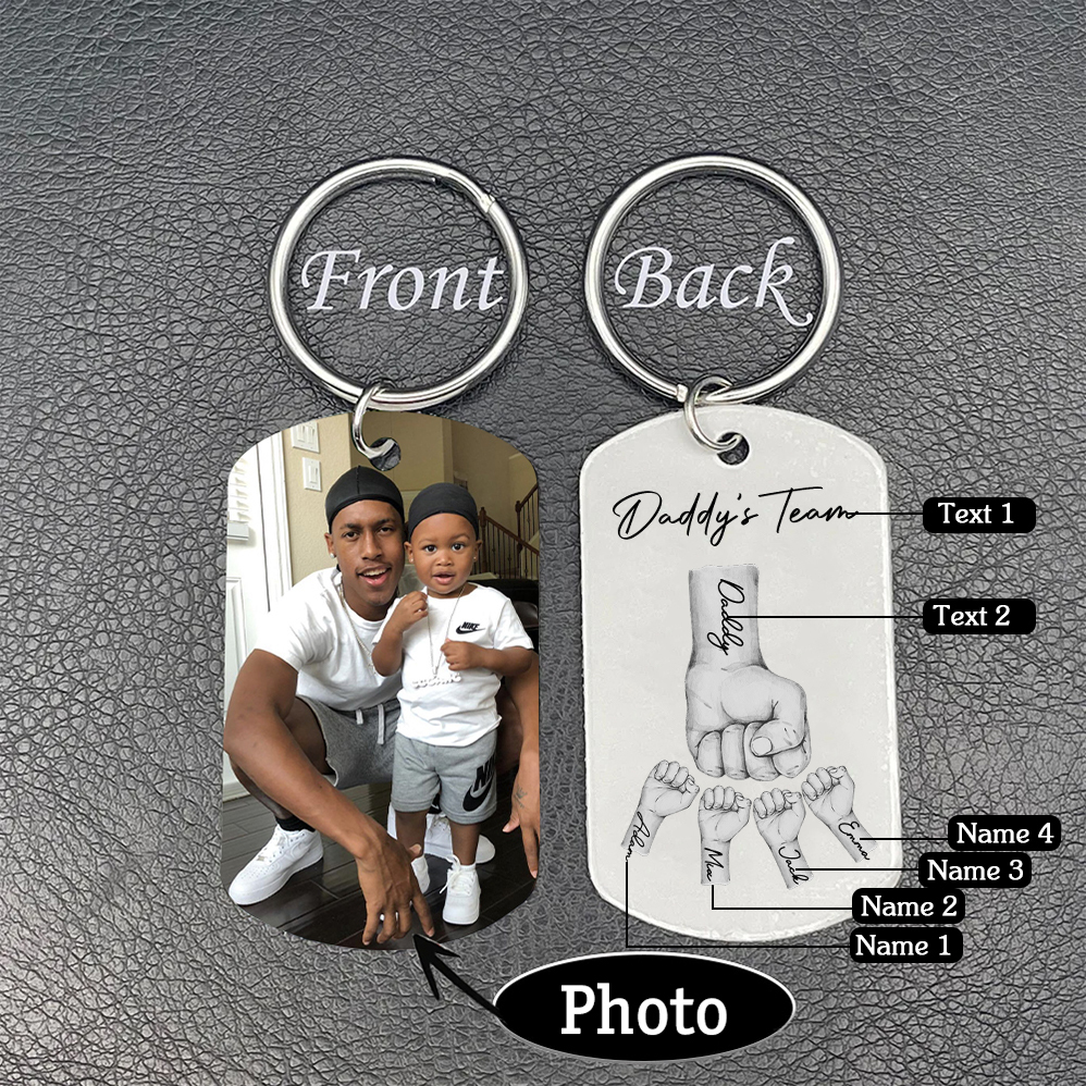 2 Texts, 4 Names & 1 Photo Personalised Keyring – “Daddy’s Team” Design | Jessemade