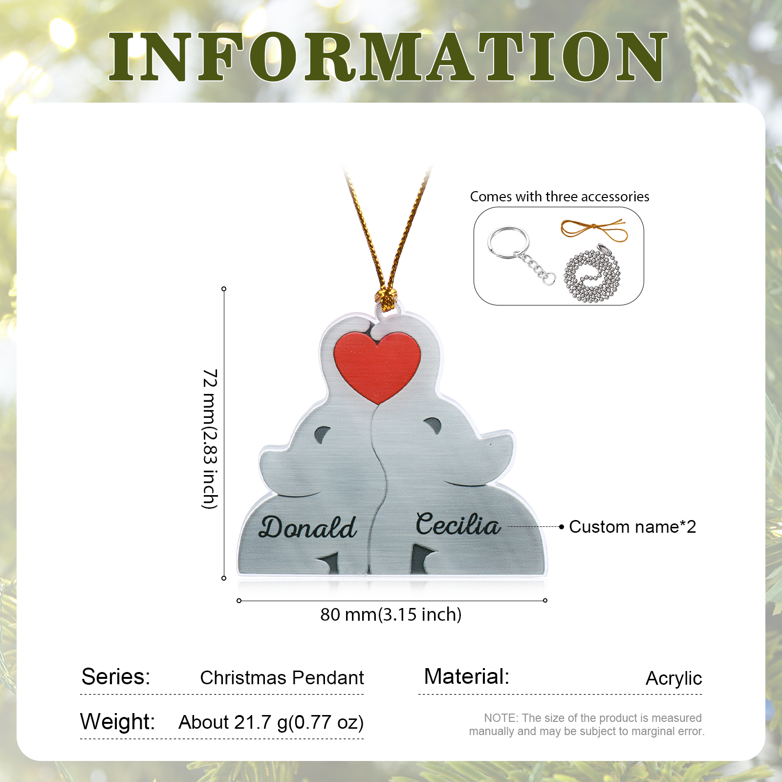 Personalised Acrylic Elephant Keychain Custom 2 Names Hanging Ornaments Christmas Keyring for Couple | Jessemade-Jessemade AU